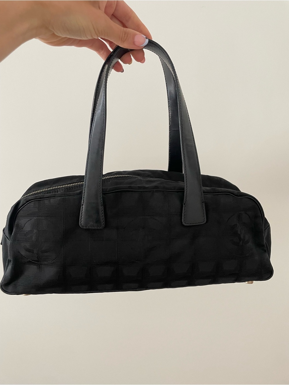 Authentic Vintage Chanel Black Quilted Logo-Pattern Top-Handle Bag